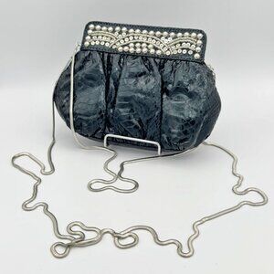 Vintage White House Black Market Black Leather Beaded Sequin Chain Purse